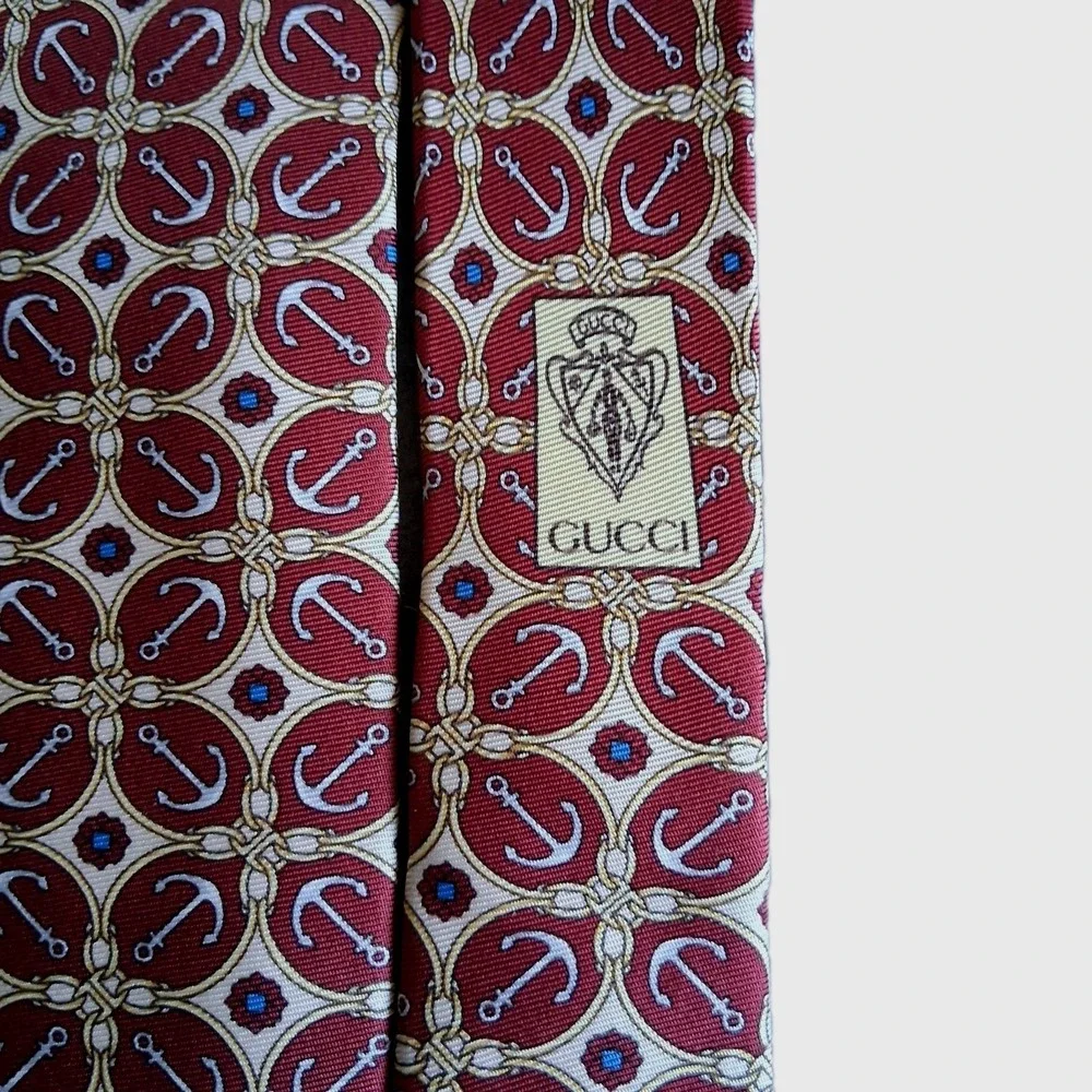Vintage Gucci Silk Tie Made In Italy Nautical Anchor Pattern Designer Classic‎